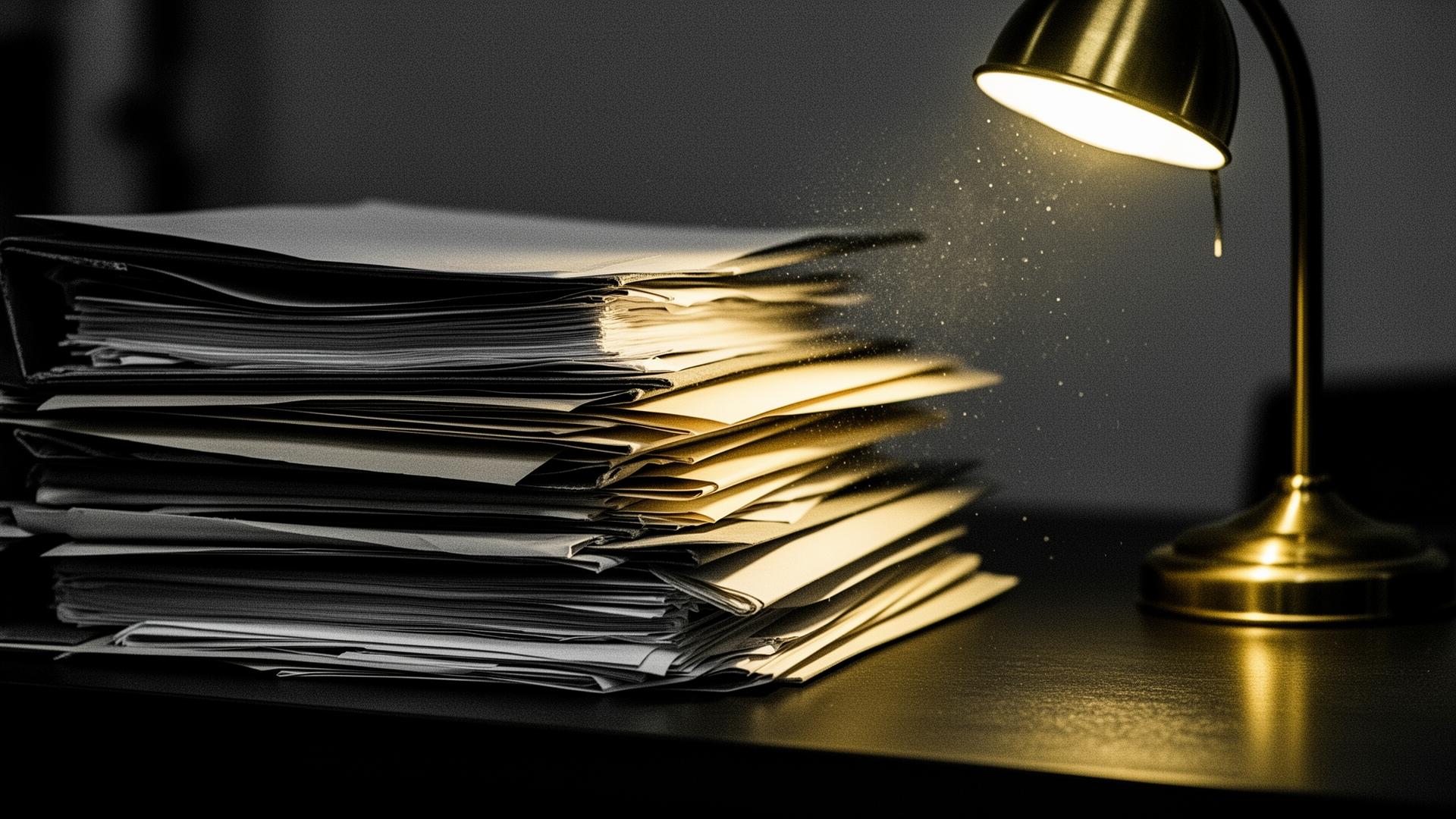 Stapel von Aktenordnern unter einer Schreibtischlampe